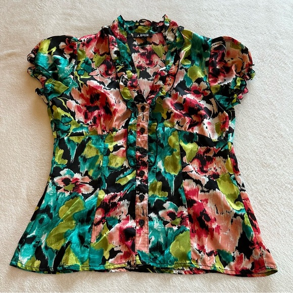 1203 A. Byer Green and Blue Ruffled Cap Sleeve Blouse - Picture 1 of 10